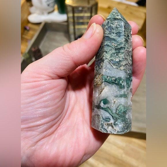 SOLD Moss Agate With Geode Inclusions Crystal Tower - Picture 4 of 7